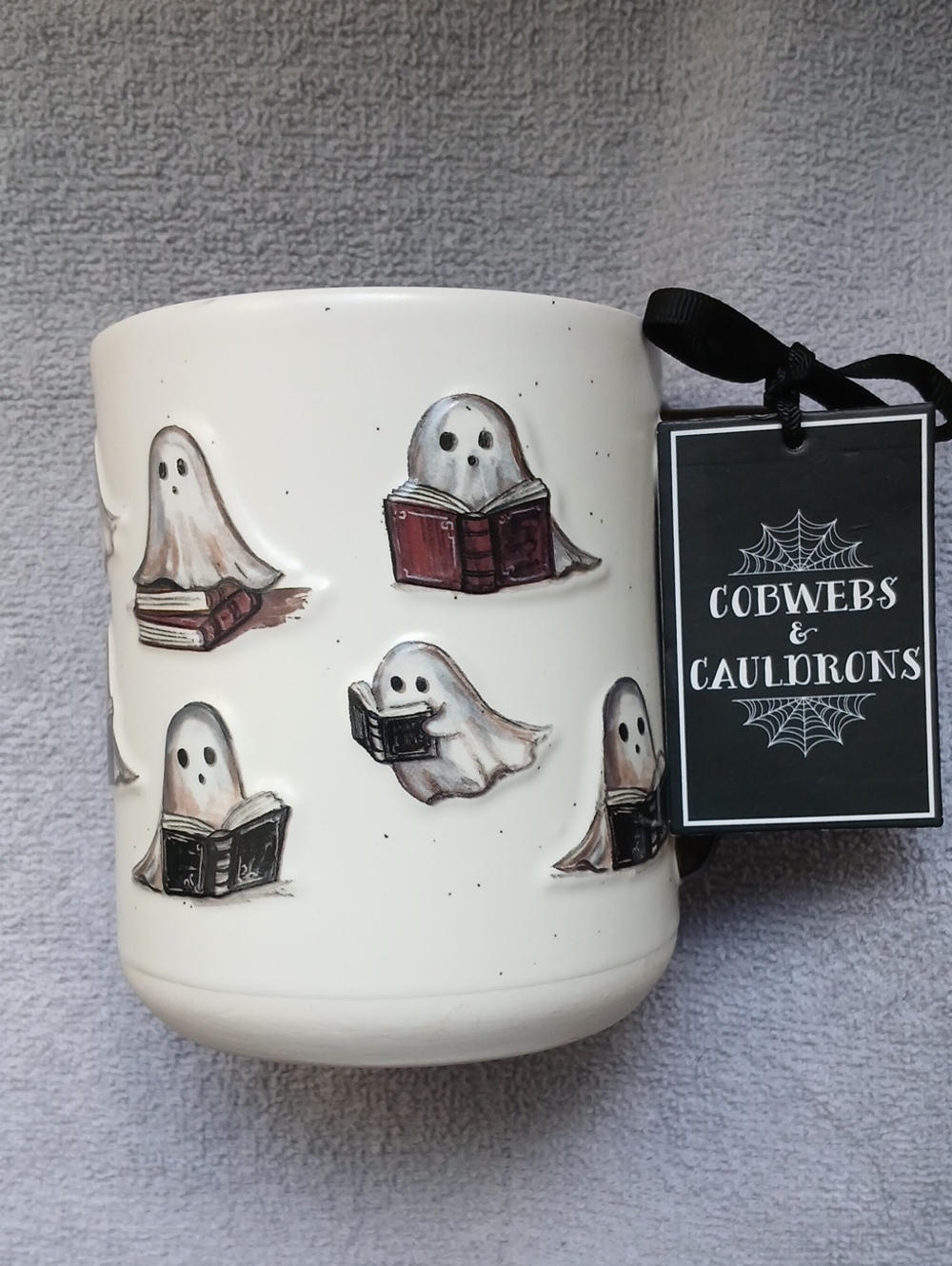 Cobwebs & Cauldrons Ghost Reading Book Ceramic Coffee Mug NWT